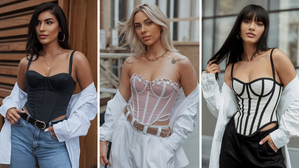 woman in a glamorous satin overbust corset paired with black wide-leg tailored trousers