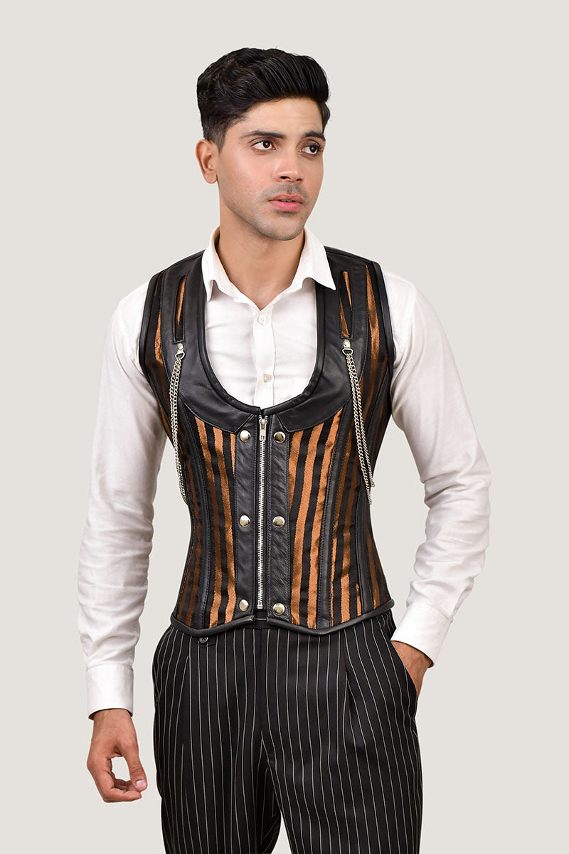 Mens Stripped Line Brocade Corset Vest