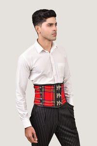 Red tartan men's corset waist cincher, combining traditional plaid style with a tailored fit for effective waist shaping