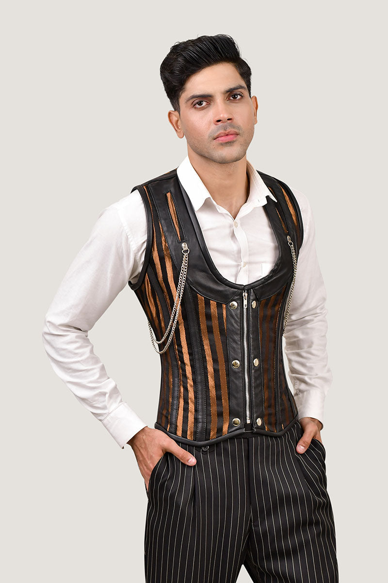 Mens Stripped Line Brocade Corset Vest
