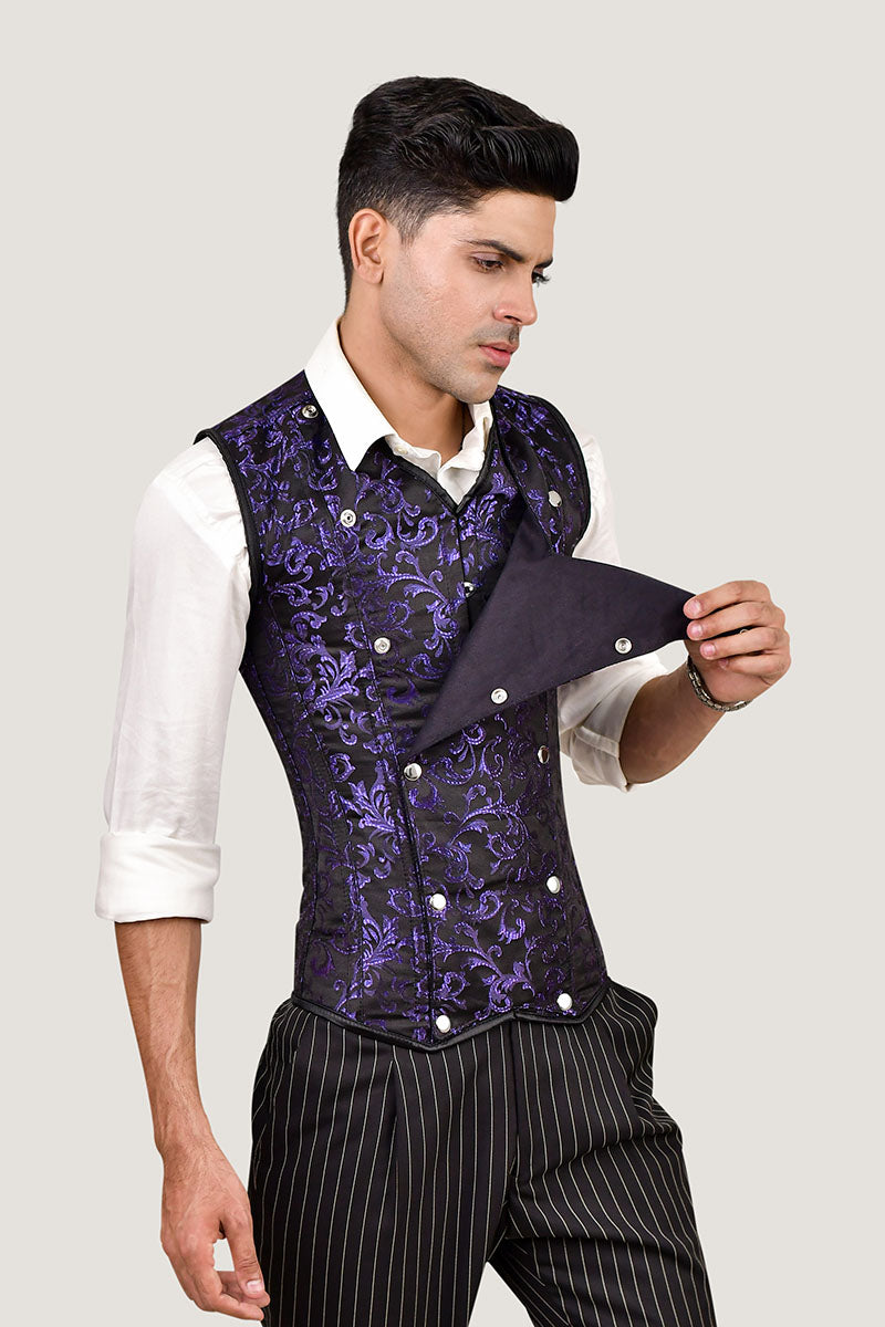Purple Brocade Male Corset Vest - Main Image