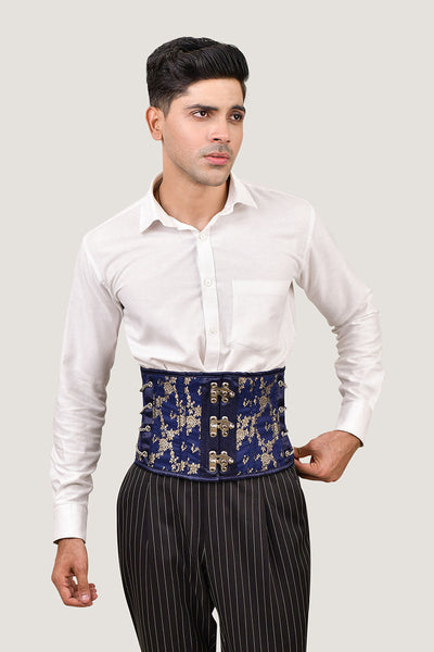 Navy Blue Satin Men Waist Cincher