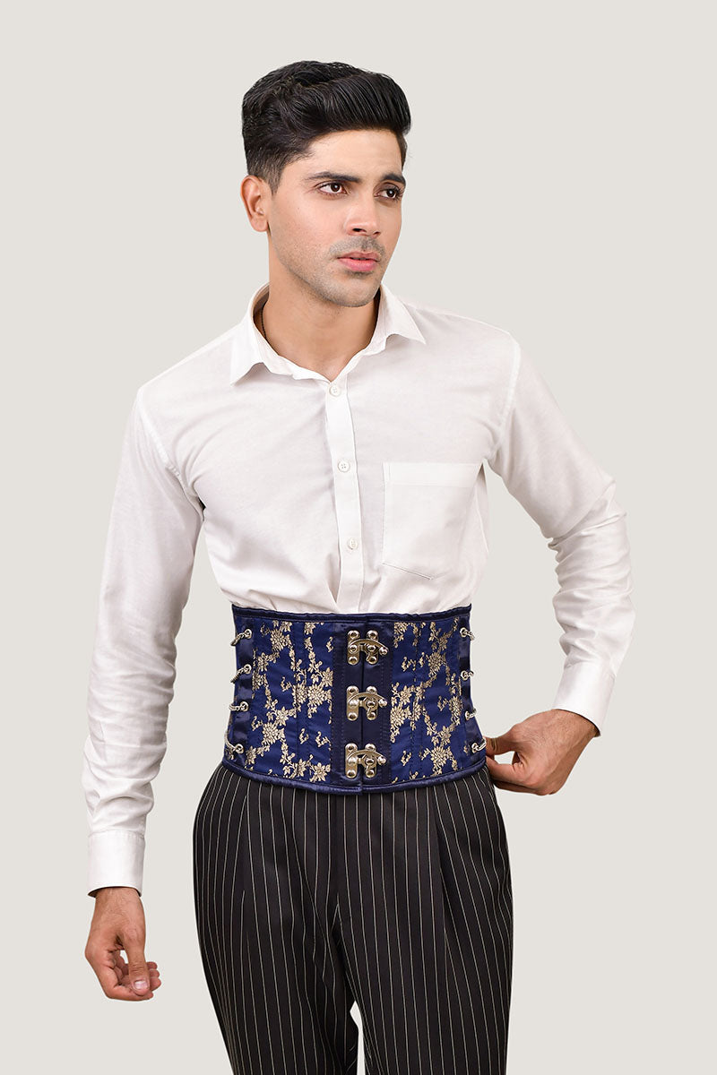 Navy Blue Satin Men Waist Cincher 2XL / Navy Blue
