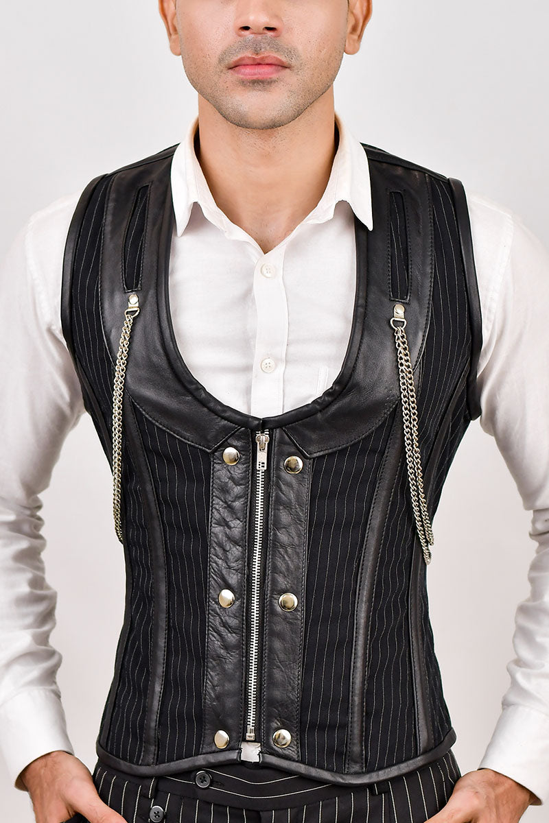 Mens Stripped Line Brocade Corset Vest