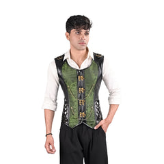 Mens Gothic Green Brocade Corset Vest with Leather