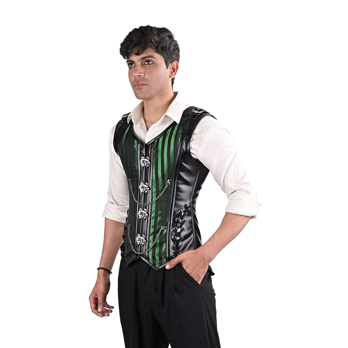 Male Corset Vest Green - Brocade Corset