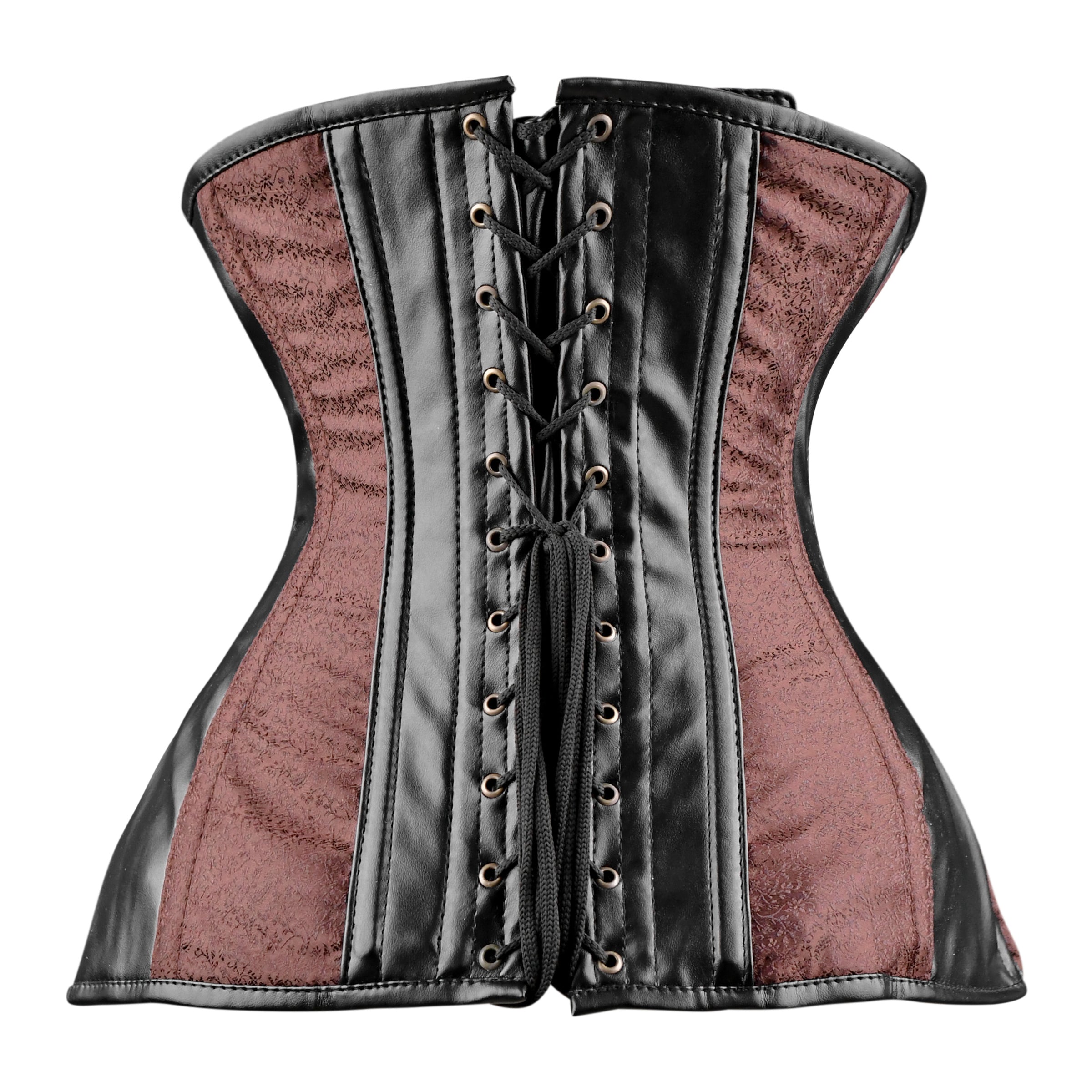 Green Brocade Under bust Corset with Brown Leather