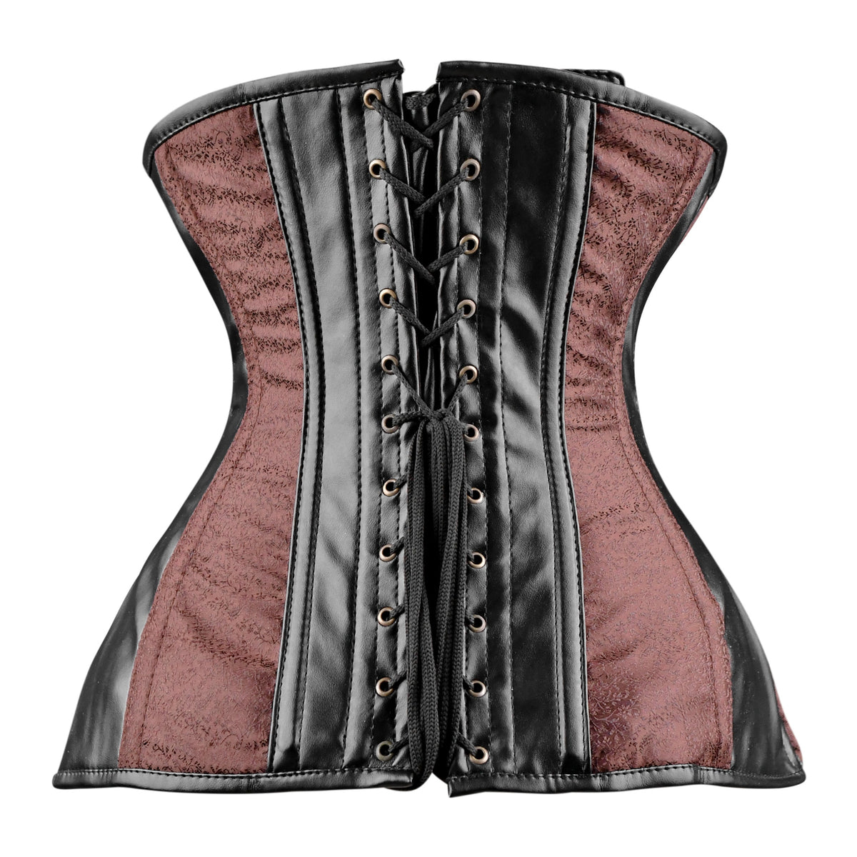 Brown Brocade Under bust Corset with Black Leather Details
