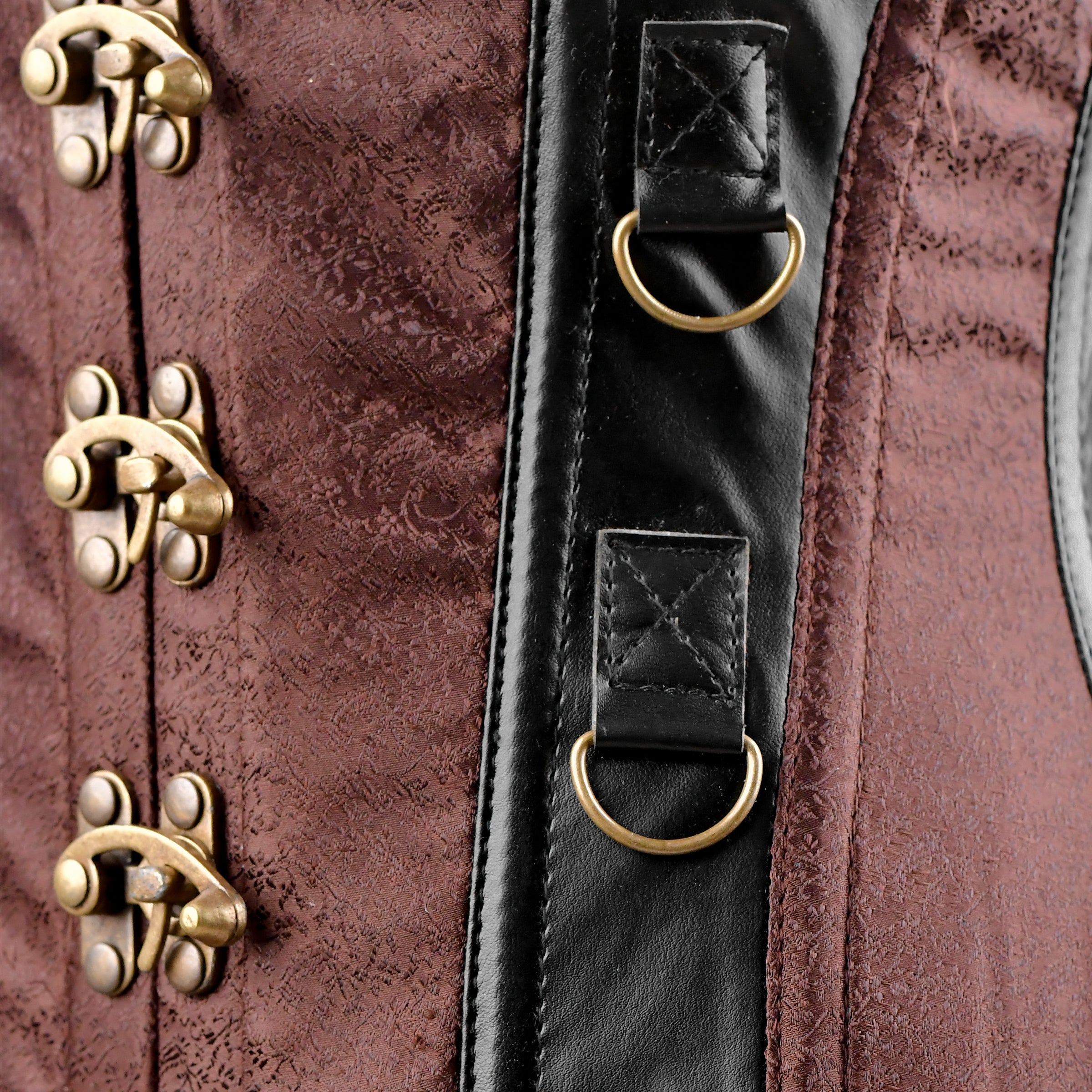 Green Brocade Under bust Corset with Brown Leather