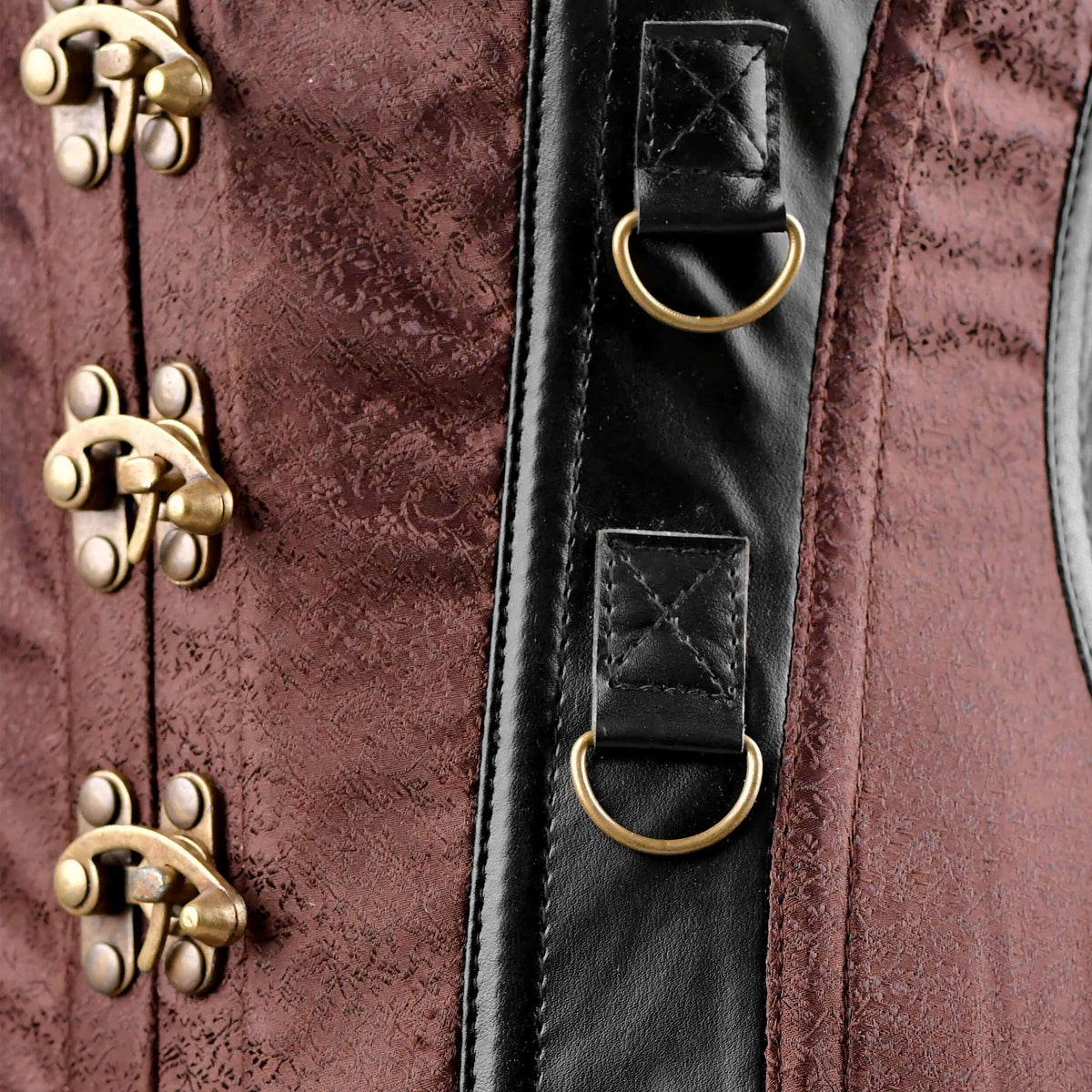 Brown Brocade Under bust Corset with Black Leather Details