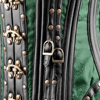 Green Brocade Under bust Corset with Brown Leather