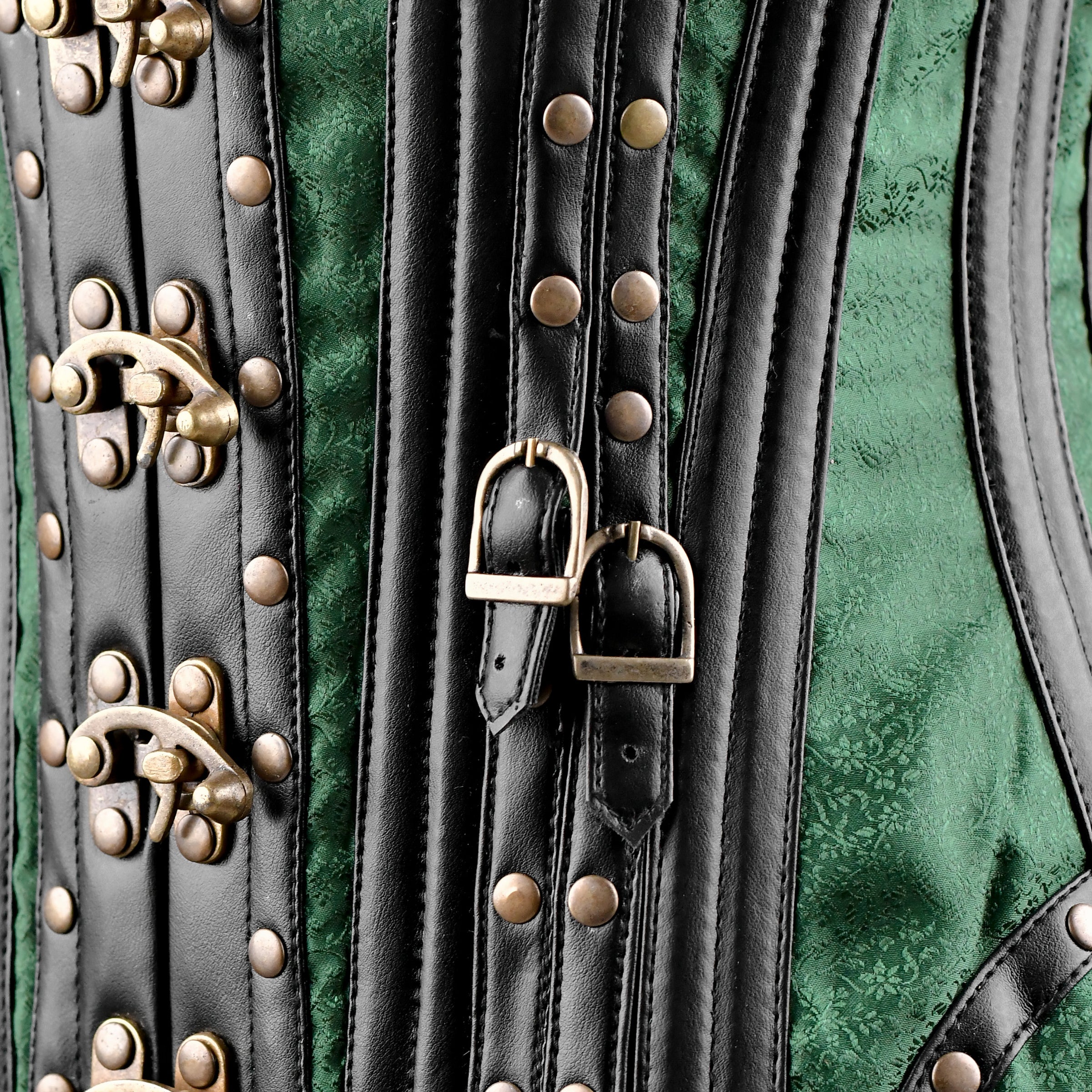 Green Brocade Under bust Corset with Brown Leather