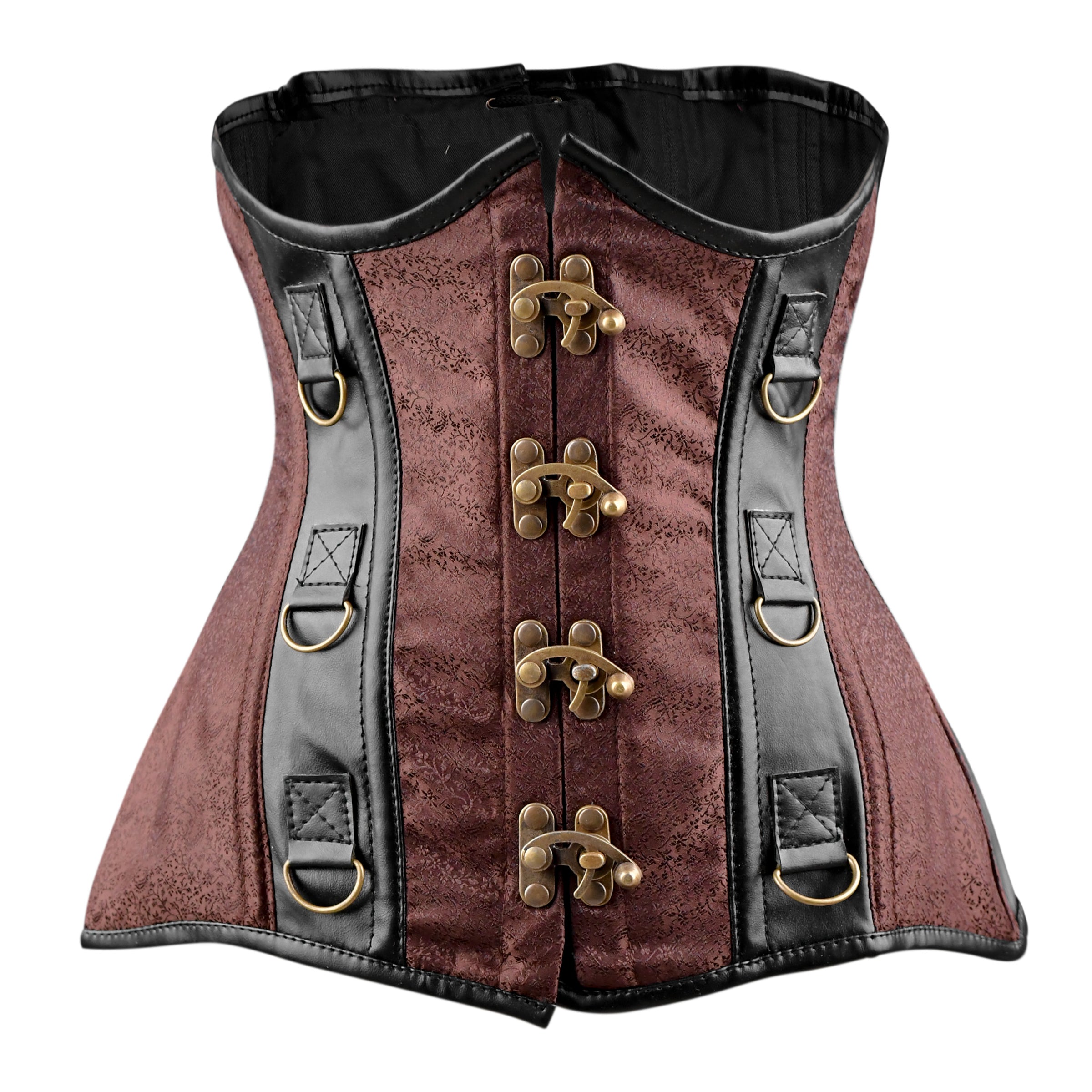 Green Brocade Under bust Corset with Brown Leather