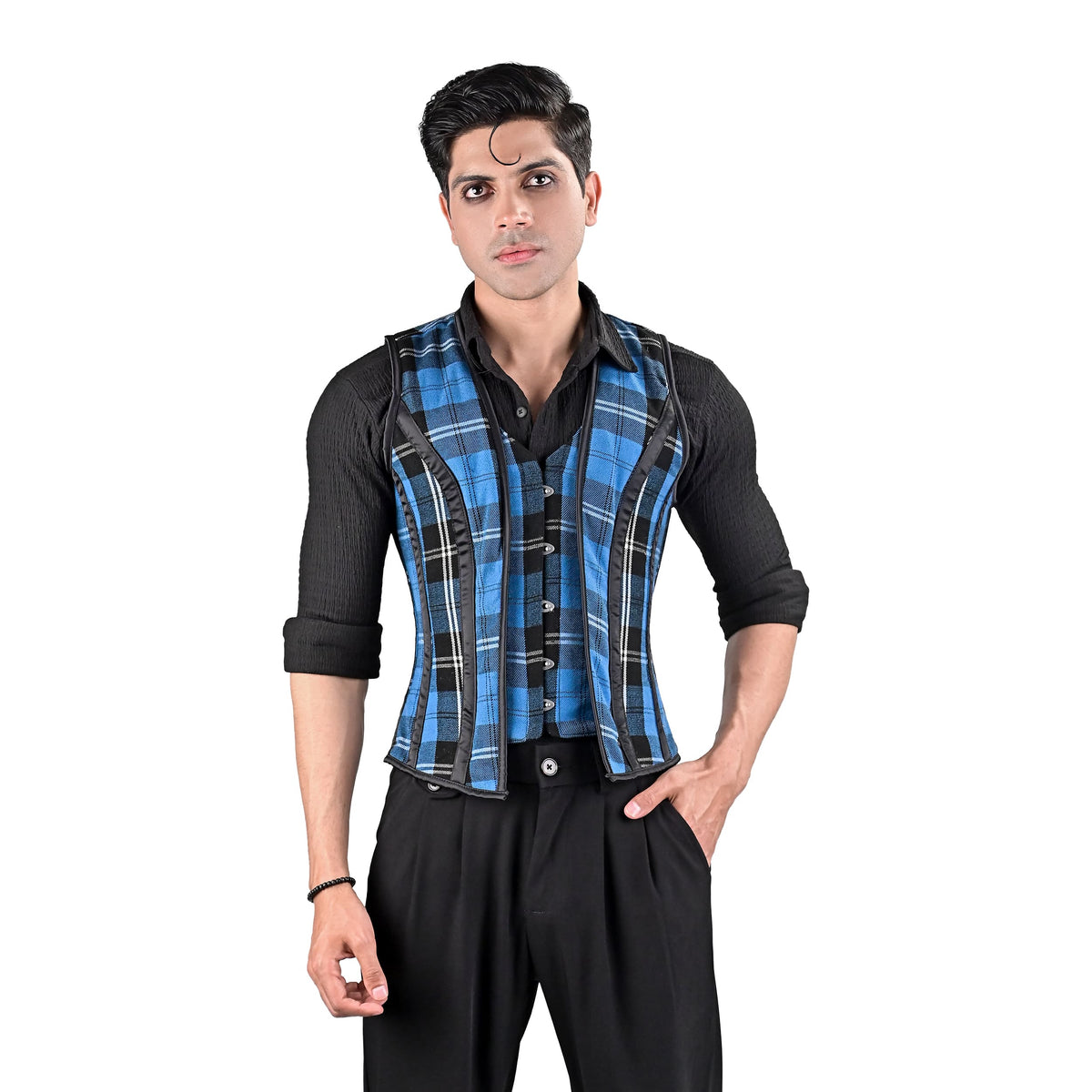 Mens Blue Tartan Corset Vest
