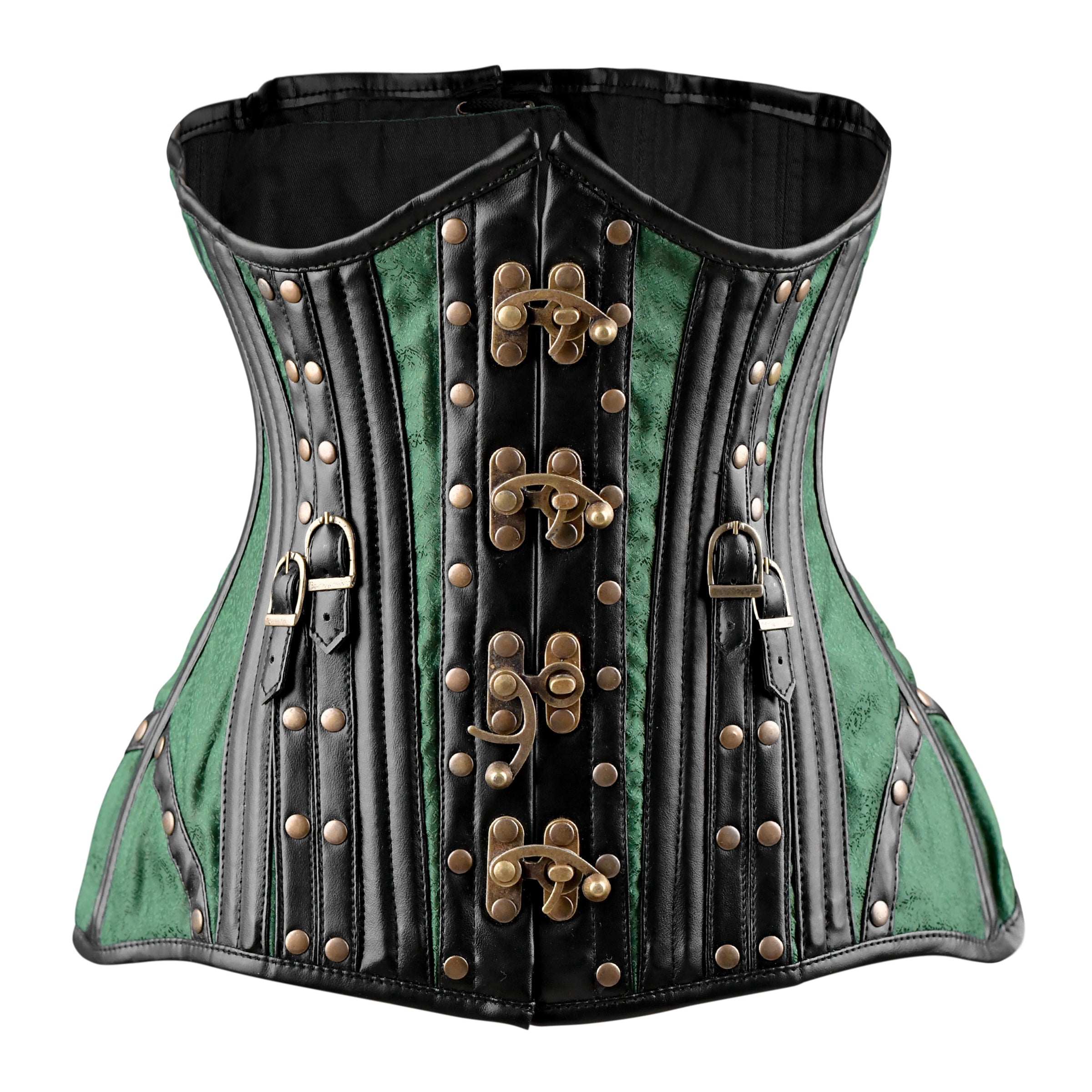 Green Brocade Under bust Corset with Brown Leather
