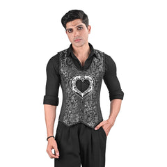 Mens Gothic Black Brocade Corset Vest with Silver Heart Detail
