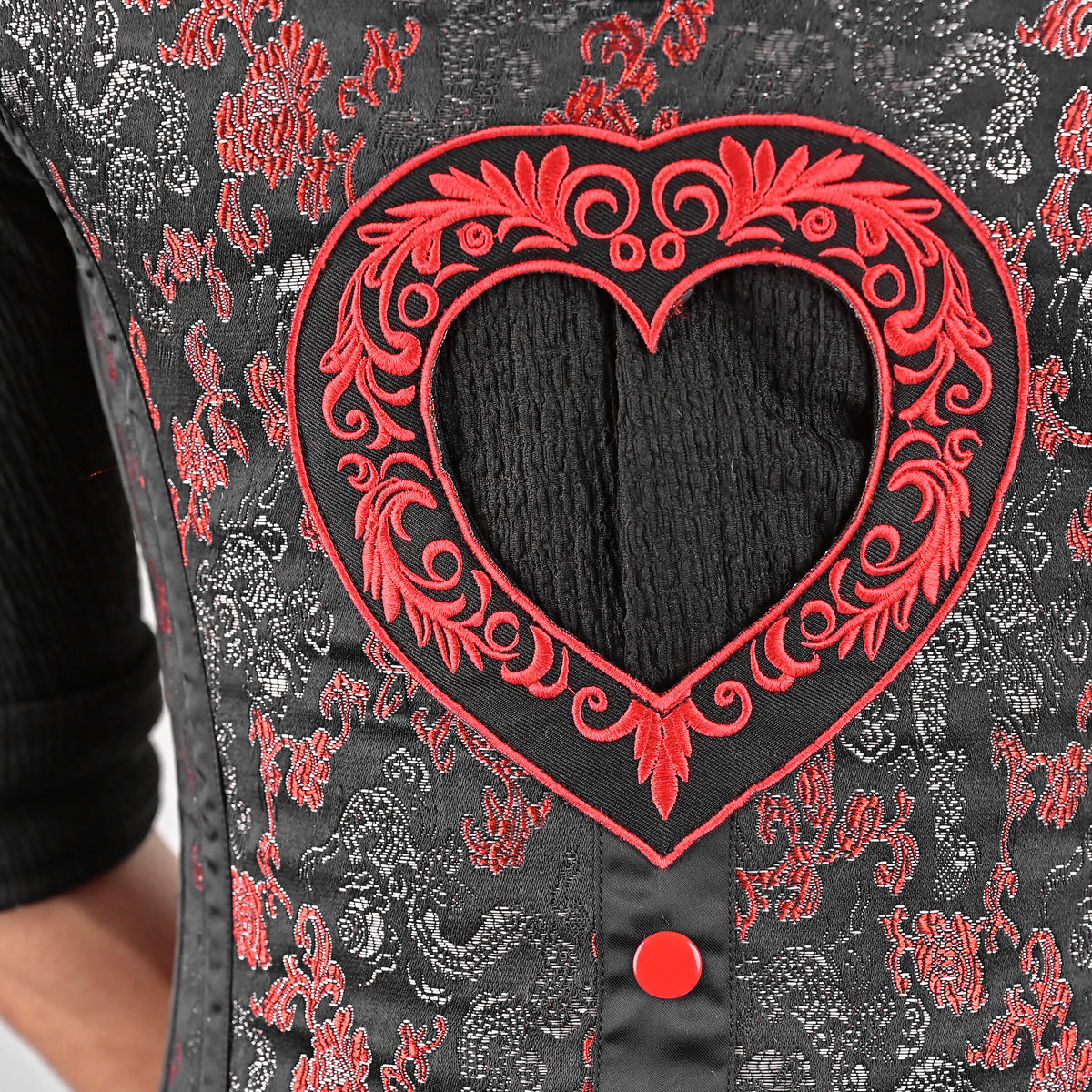 Mens Black & Red Brocade Corset Vest with Heart