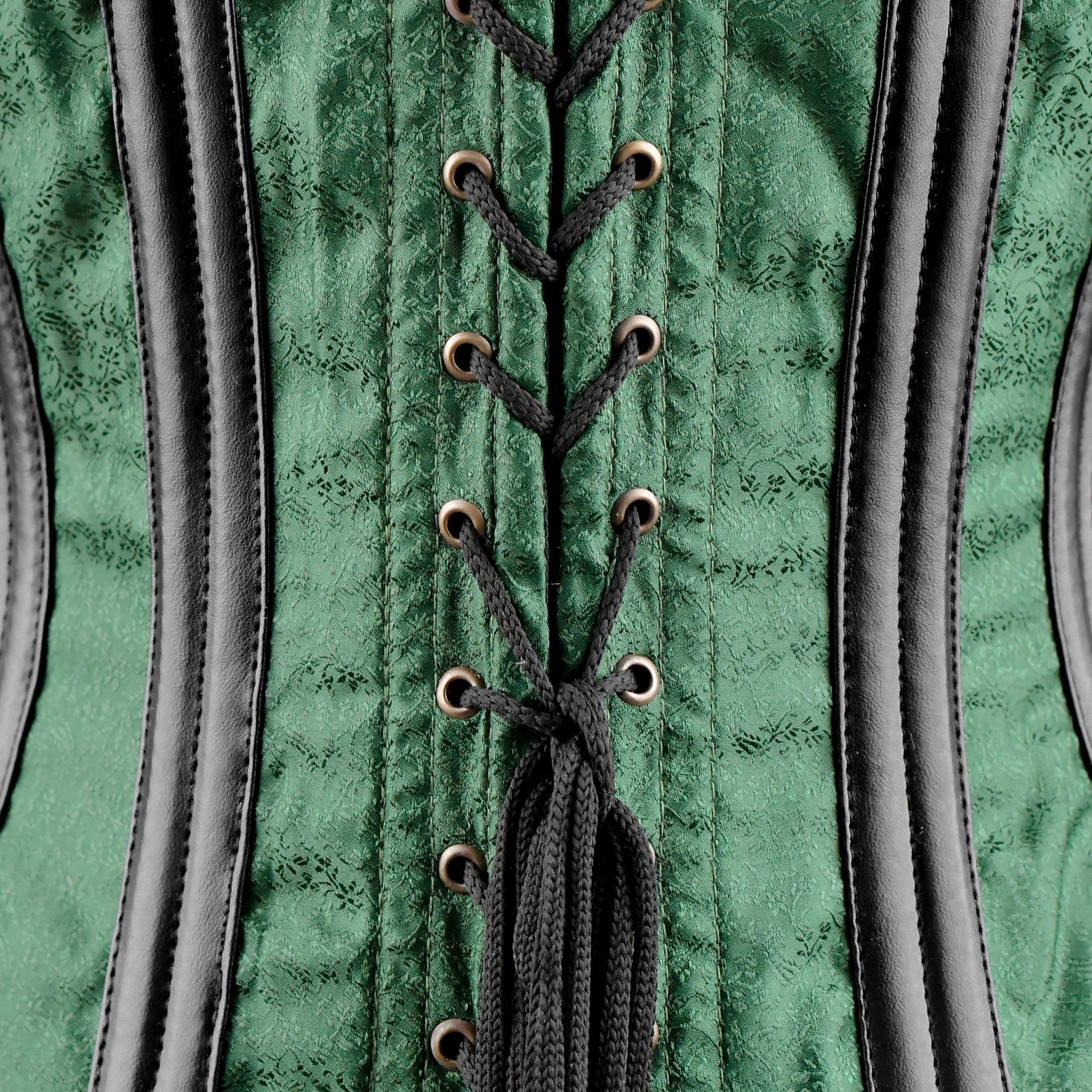 Green Brocade Under bust Corset with Brown Leather