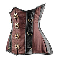 Green Brocade Under bust Corset with Brown Leather