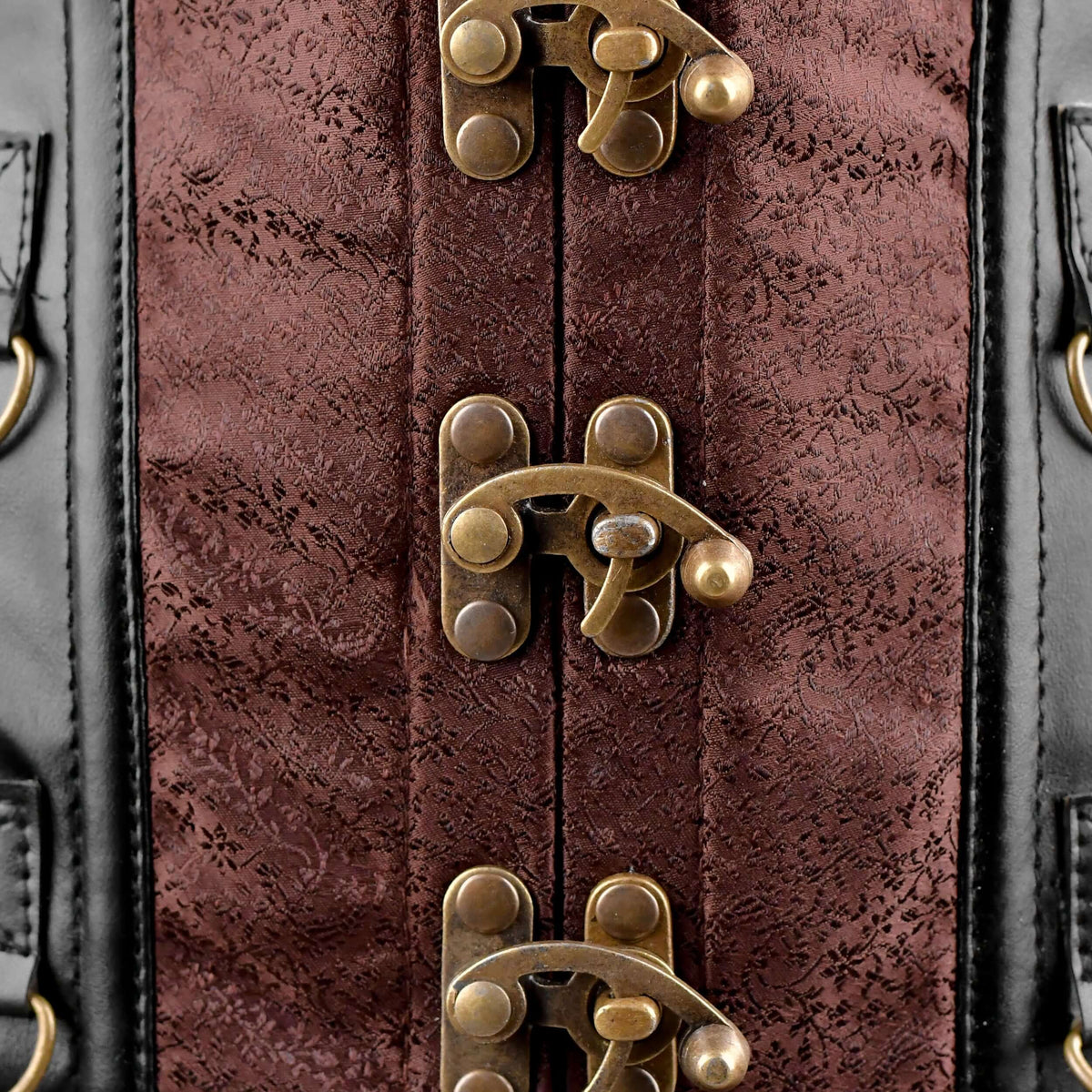 Brown Brocade Under bust Corset with Black Leather Details