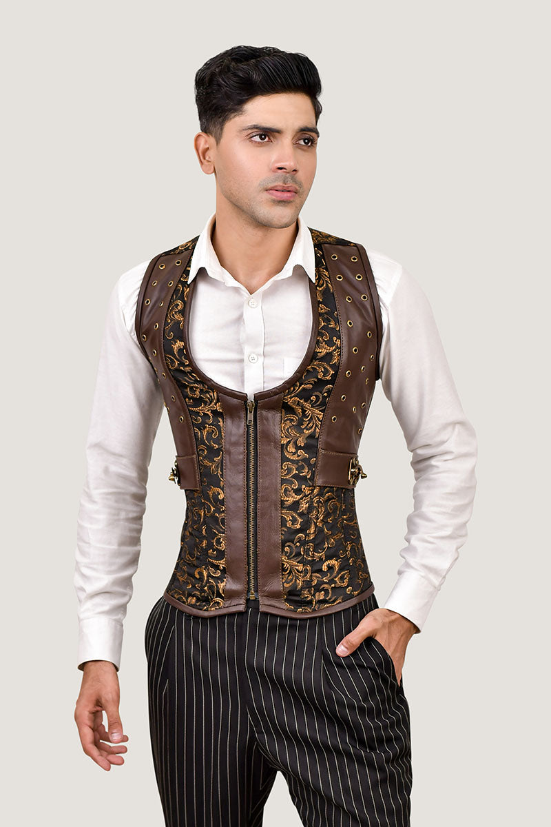 Silver & Black Brocade Corset Vest with Leather – Miss Leather Online