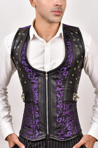 Purple Brocade & Black Leather Corset Vest