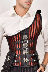 Red brocade corset with shoulder strap, featuring intricate patterns for a fashionable and structured silhouette
