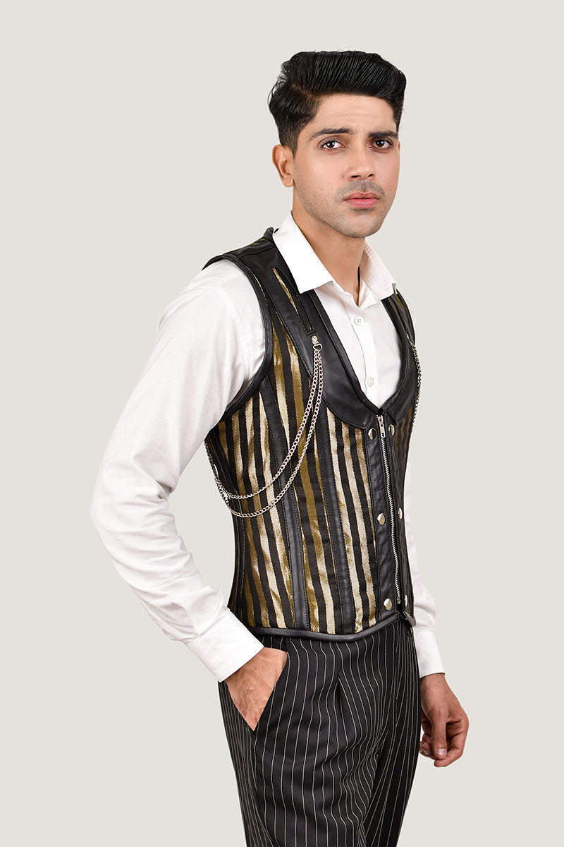 Mens Stripped Line Brocade Corset Vest