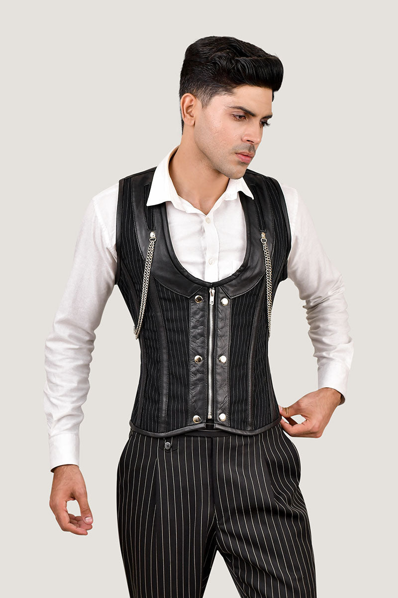 Mens Stripped Line Brocade Corset Vest