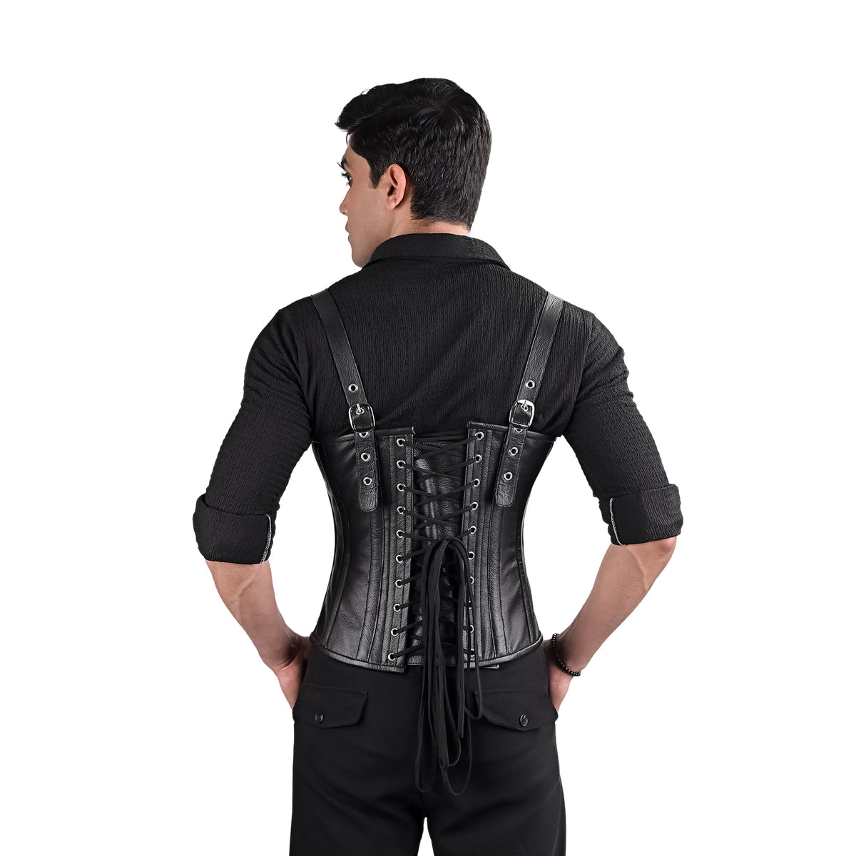 Mens Black Leather Corset with Shoulder Harness