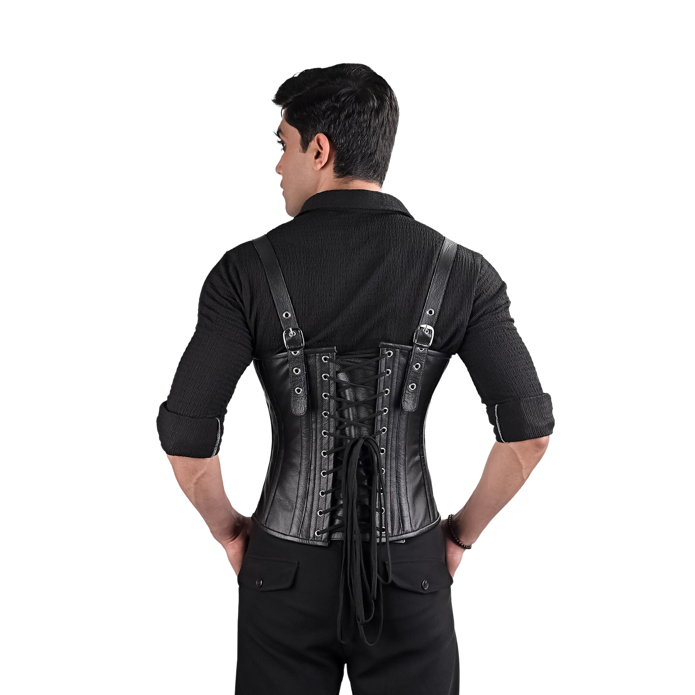 Mens Black Leather Corset with Shoulder Harness