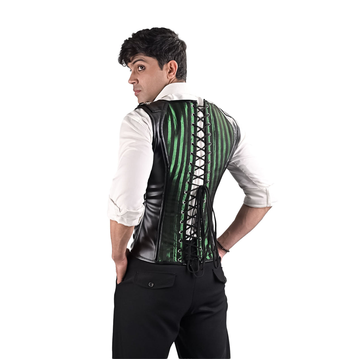 Male Corset Vest Green - Brocade Corset