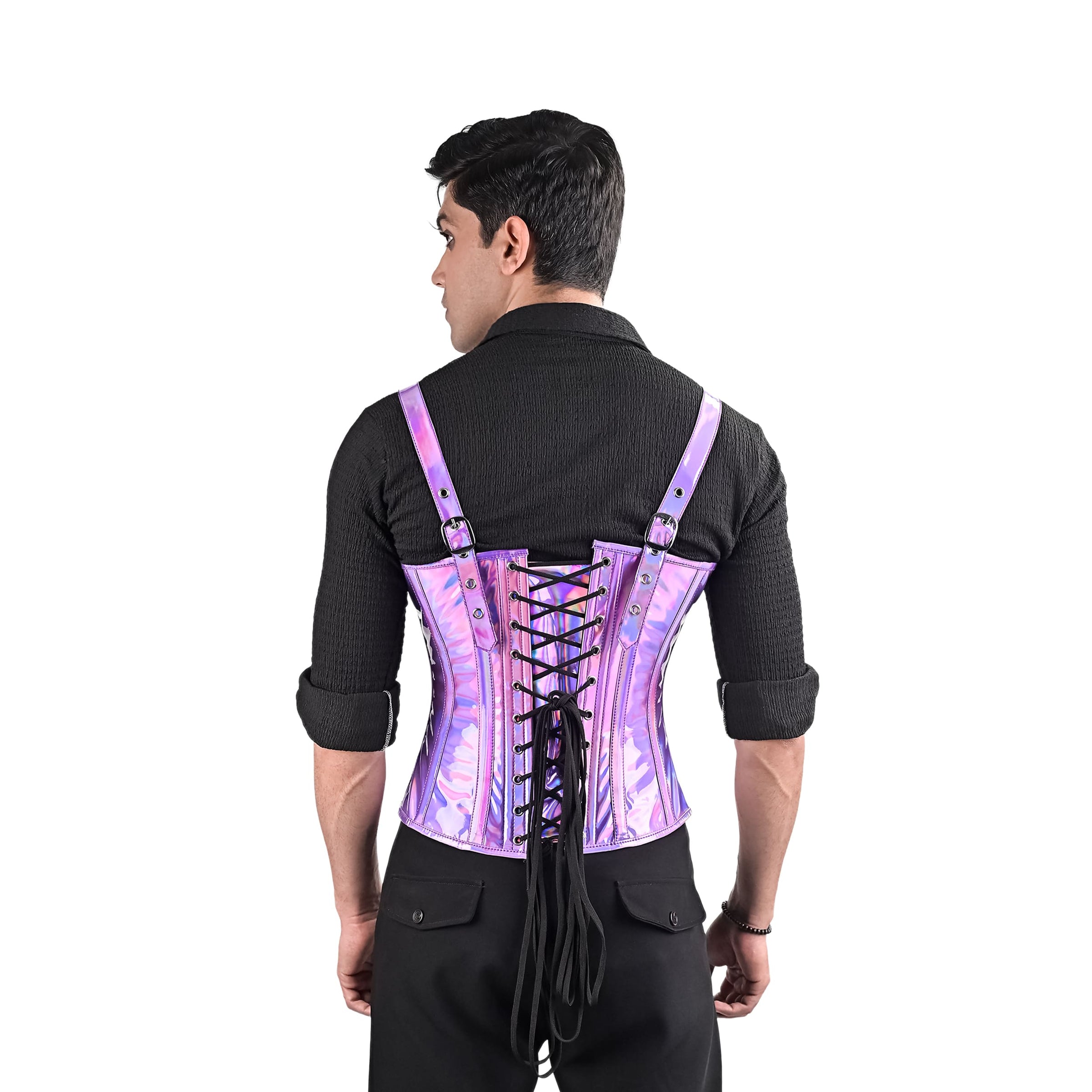 Mens Holographic Purple Corset with Harness Straps