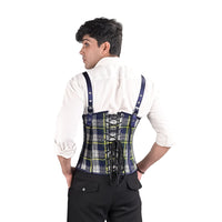 Blue Tartan overbust Male Corset with  Harness Straps