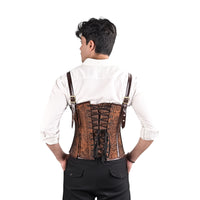 Brown Brocade overbust Male Corset with  Harness Straps
