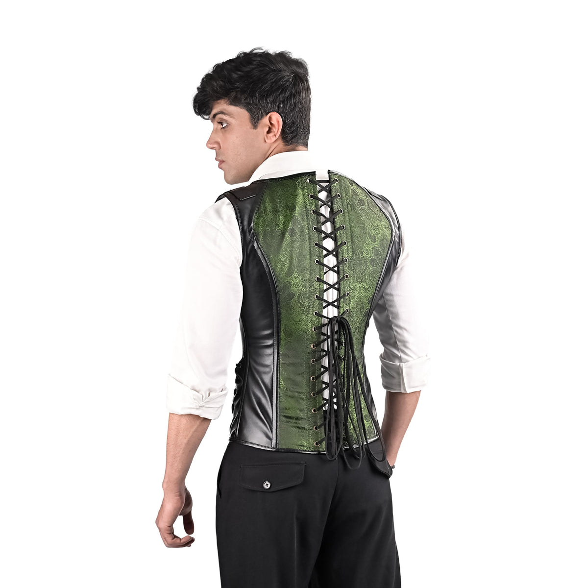 Mens Gothic Green Brocade Corset Vest with Leather