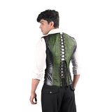 Mens Gothic Green Brocade Corset Vest with Leather