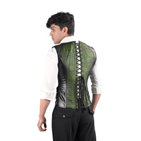 Mens Gothic Green Brocade Corset Vest with Leather