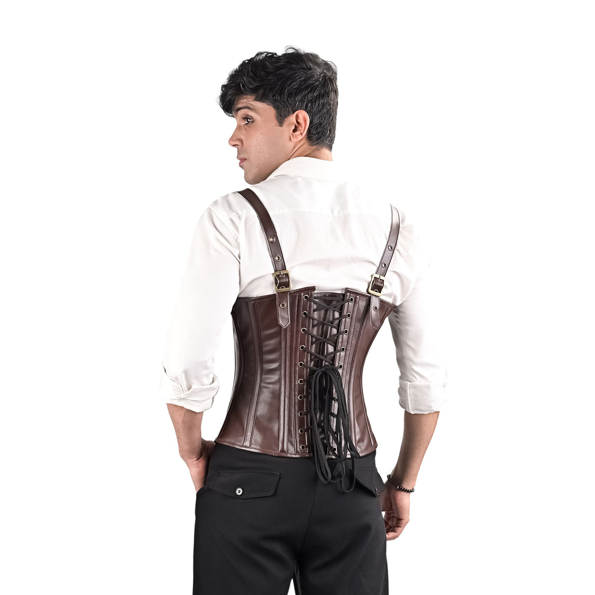 Mens Brown Leather Overbust Corset with Shoulder Harness