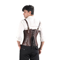 Mens Brown Leather Overbust Corset with Shoulder Harness