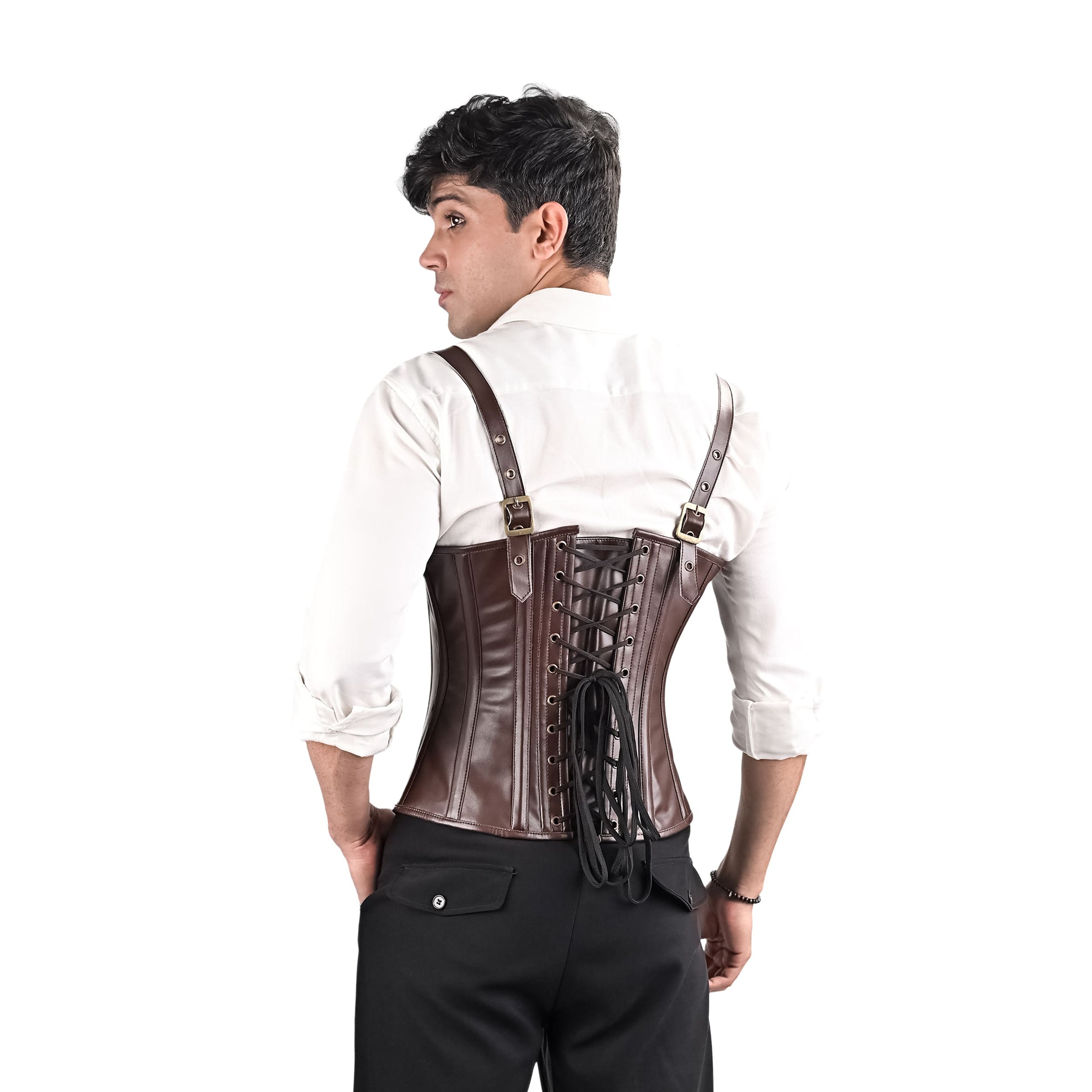 Mens Brown Leather Overbust Corset with Shoulder Harness