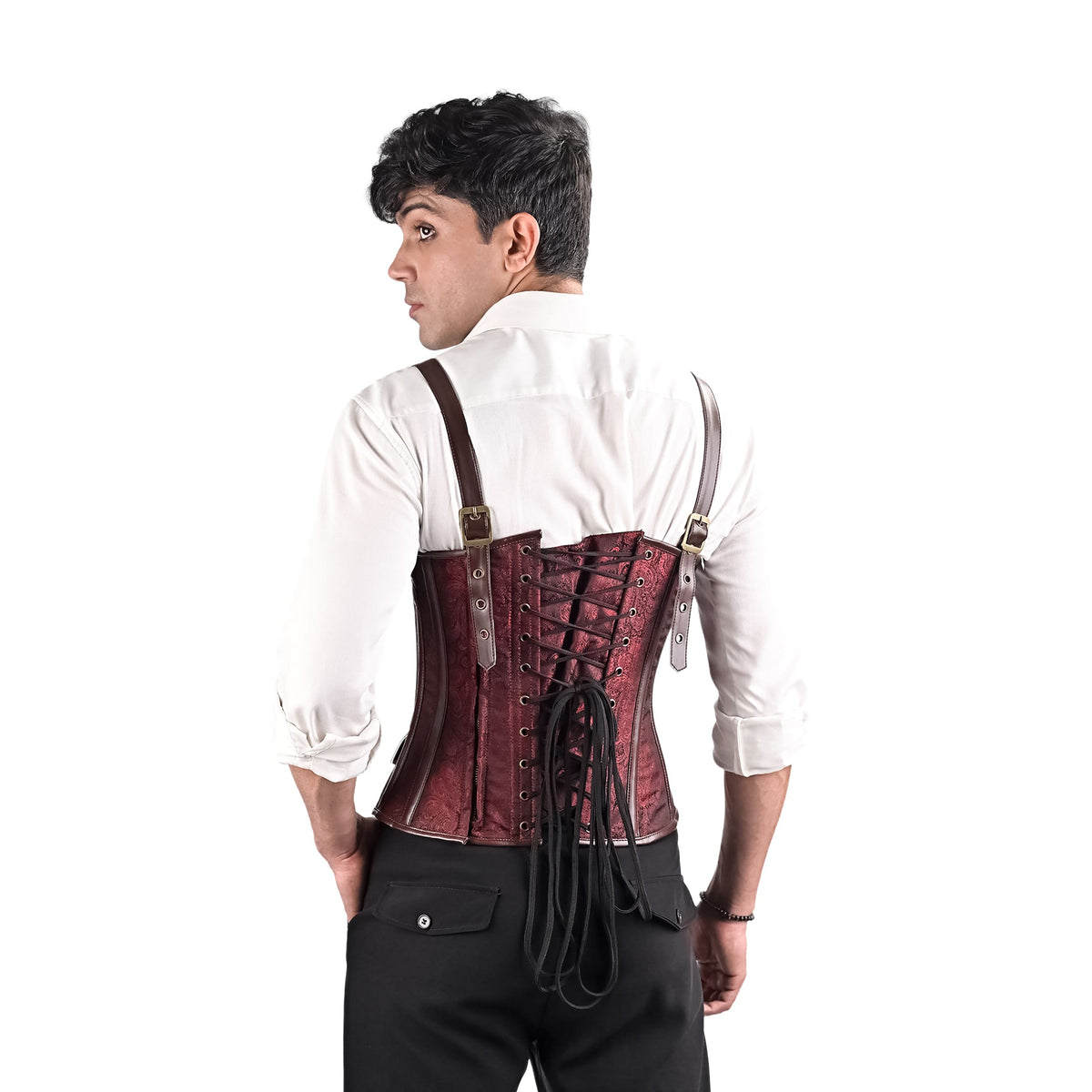 Burgundy Brocade overbust Male Corset with  Harness Straps