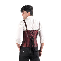 Burgundy Brocade overbust Male Corset with  Harness Straps
