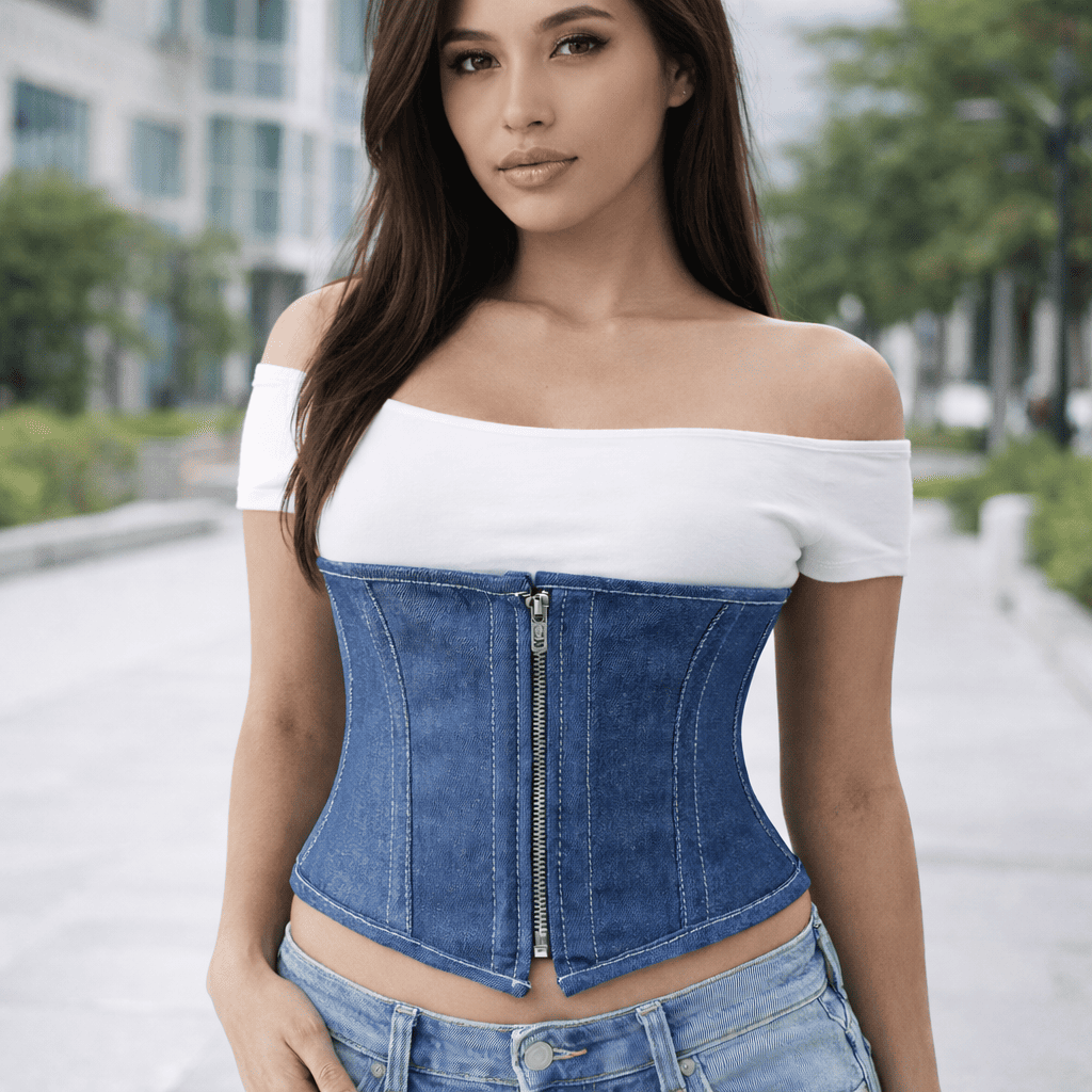 Blue Denim Waist Cincher – Waist Trainer Corset with Front Zip