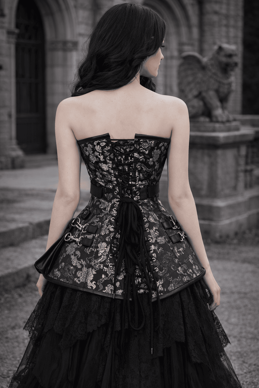Woman wearing a black lace corset and skirt in front of a stone building with a lion statue.