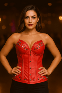 Plus size Red Leather corset Top - Steampunk Over Bust Corset