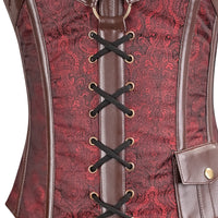 Burgundy Brocade overbust Male Corset with  Harness Straps