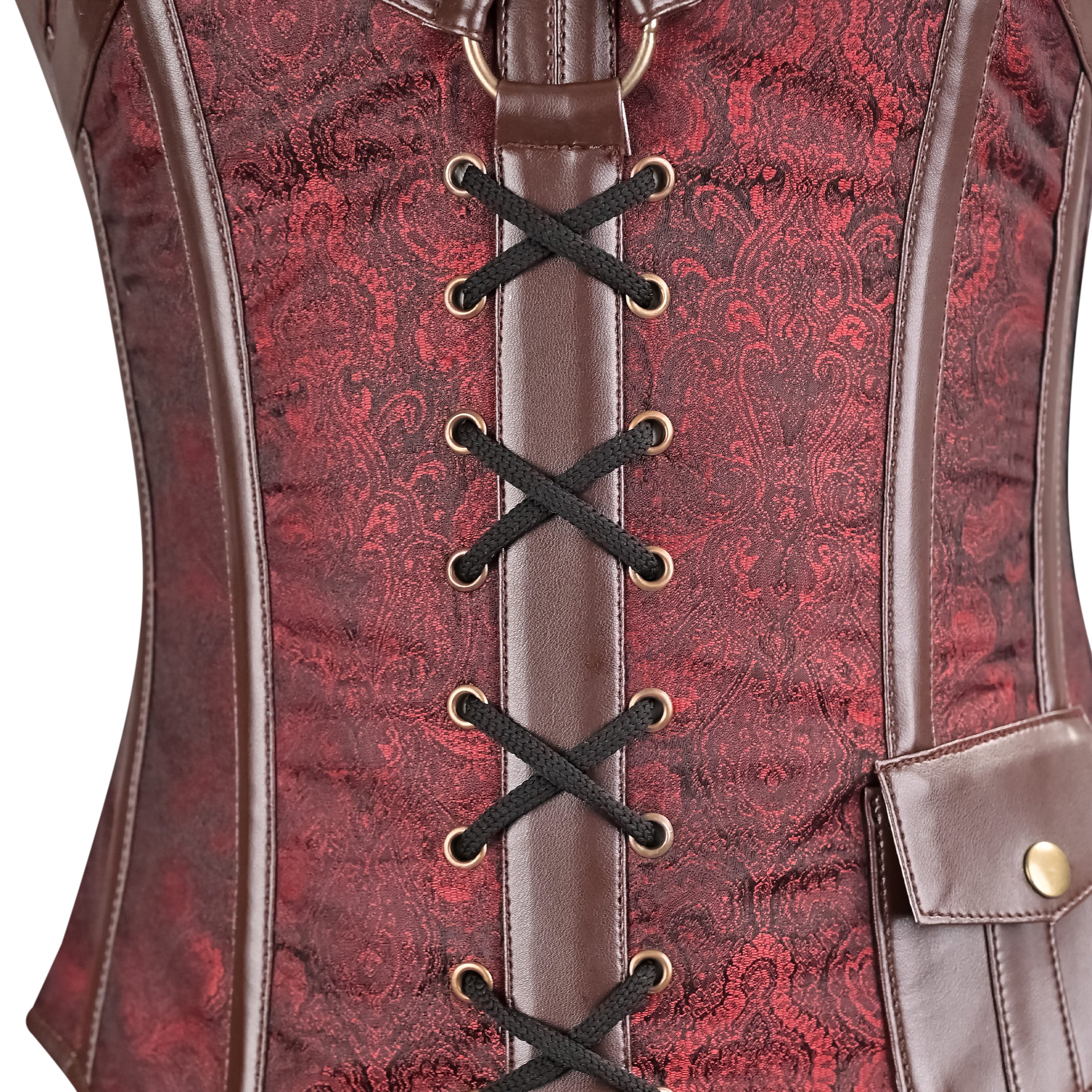 Burgundy Brocade overbust Male Corset with  Harness Straps