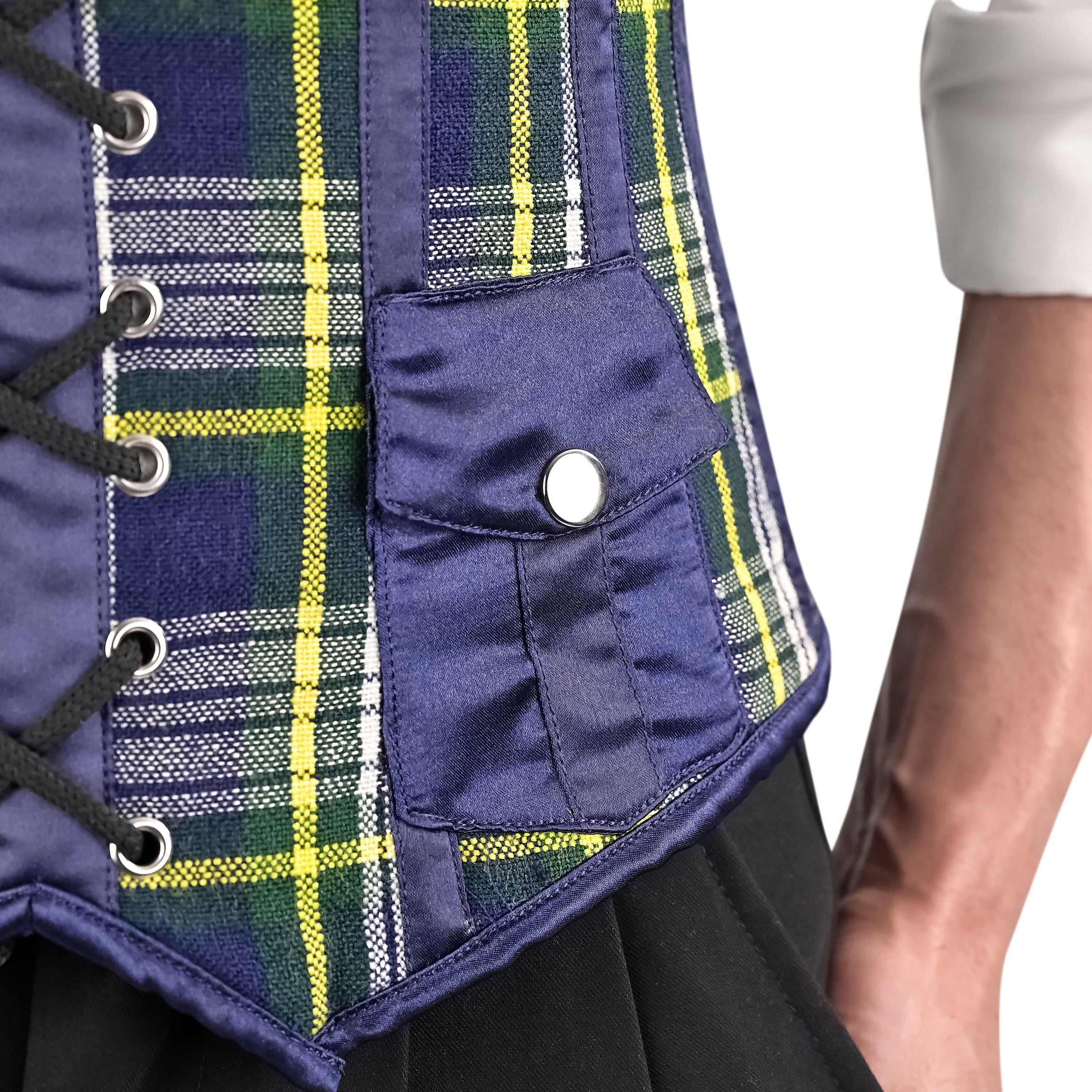 Blue Tartan overbust Male Corset with  Harness Straps
