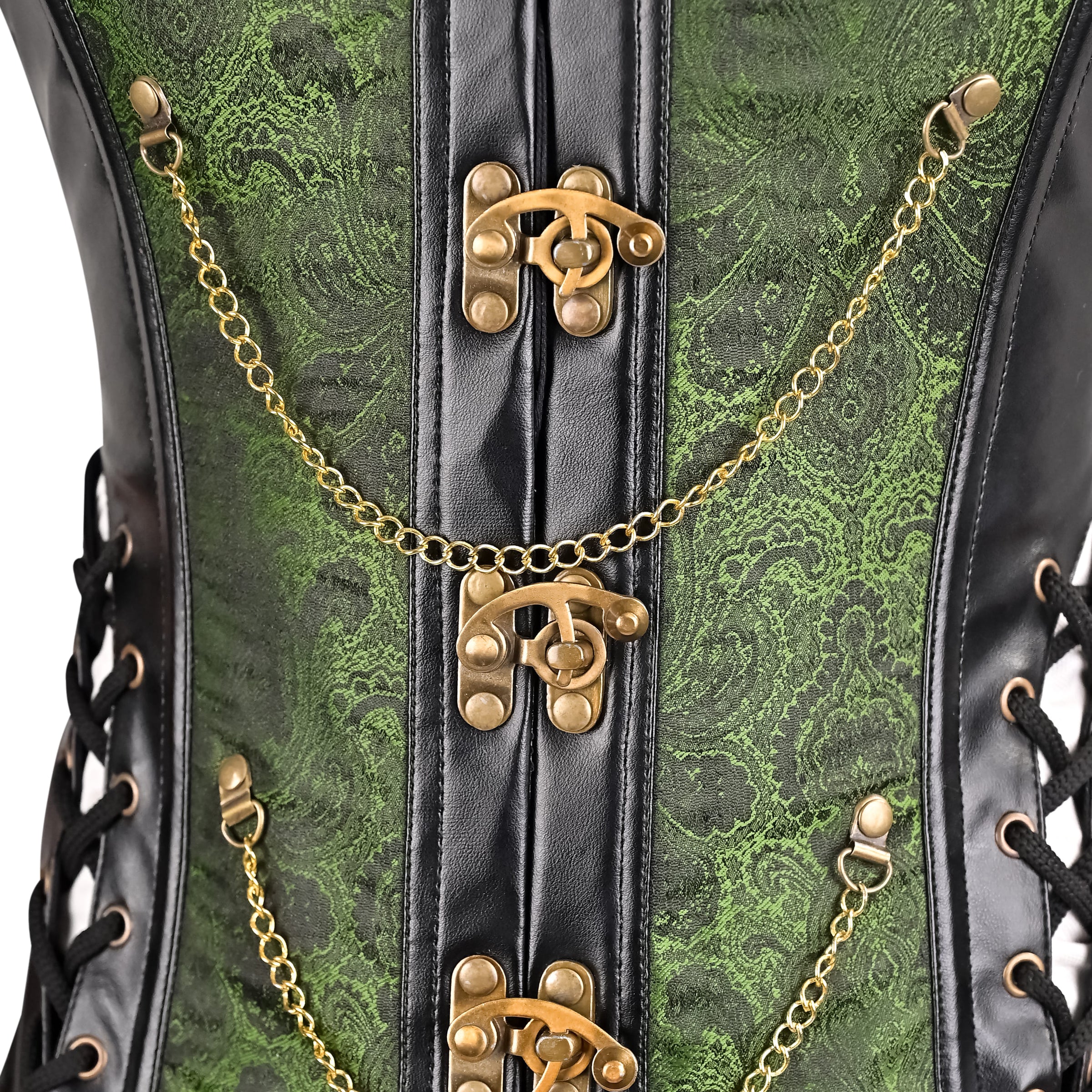 Mens Gothic Green Brocade Corset Vest with Leather